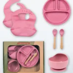 silikonski set za jelo za bebe – 5 delova roza