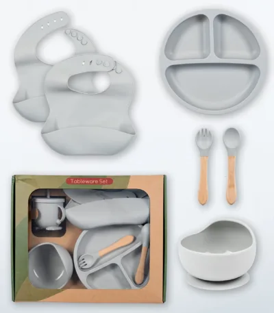 silikonski set za jelo za bebe – 5 delova siva