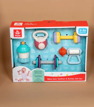 he7900 – set zvečka i glodalica (5 kom) – baby gym gift set (3–36 meseci)