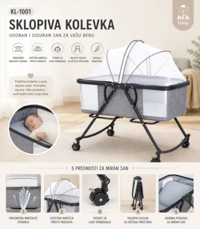kl 1001 sklopiva kolevka sa mrežicom i točkićima – siva