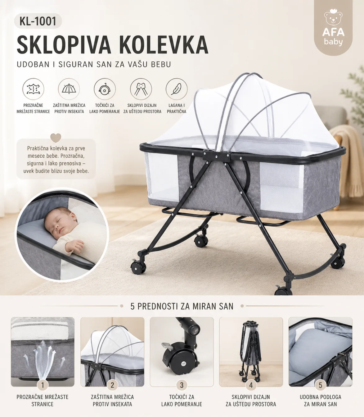 kl 1001 sklopiva kolevka sa mrežicom i točkićima – siva
