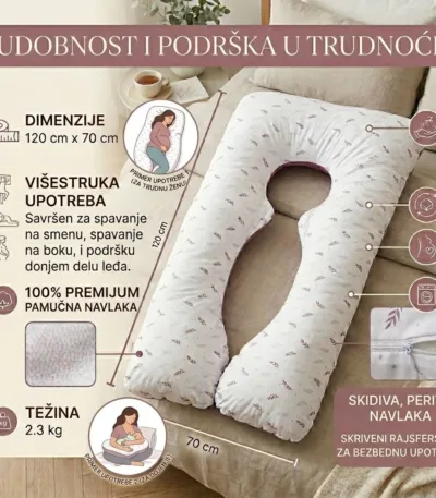 jastuk za trudnice „u“ (120×70 cm) – udobnost i podrška u trudnoći bebi roze